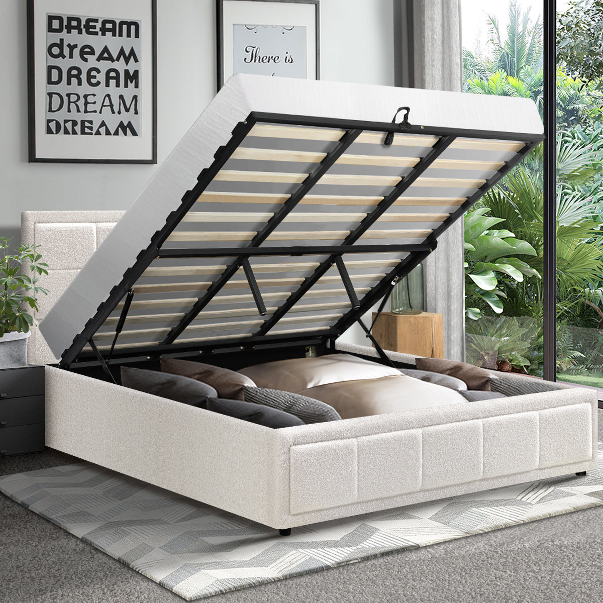Teddy Milo Boucle Fabric Deluxe Gas Lift Storage Bed Frame  | Embossed Fabric Gas Lift Modern Bed
