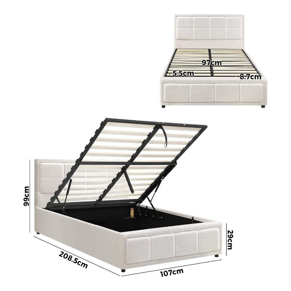 Teddy Milo Boucle Fabric Deluxe Gas Lift Storage Bed Frame  | Embossed Fabric Gas Lift Modern Bed
