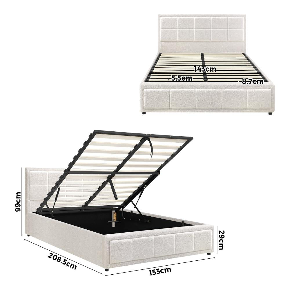 Teddy Milo Boucle Fabric Deluxe Gas Lift Storage Bed Frame  | Embossed Fabric Gas Lift Modern Bed