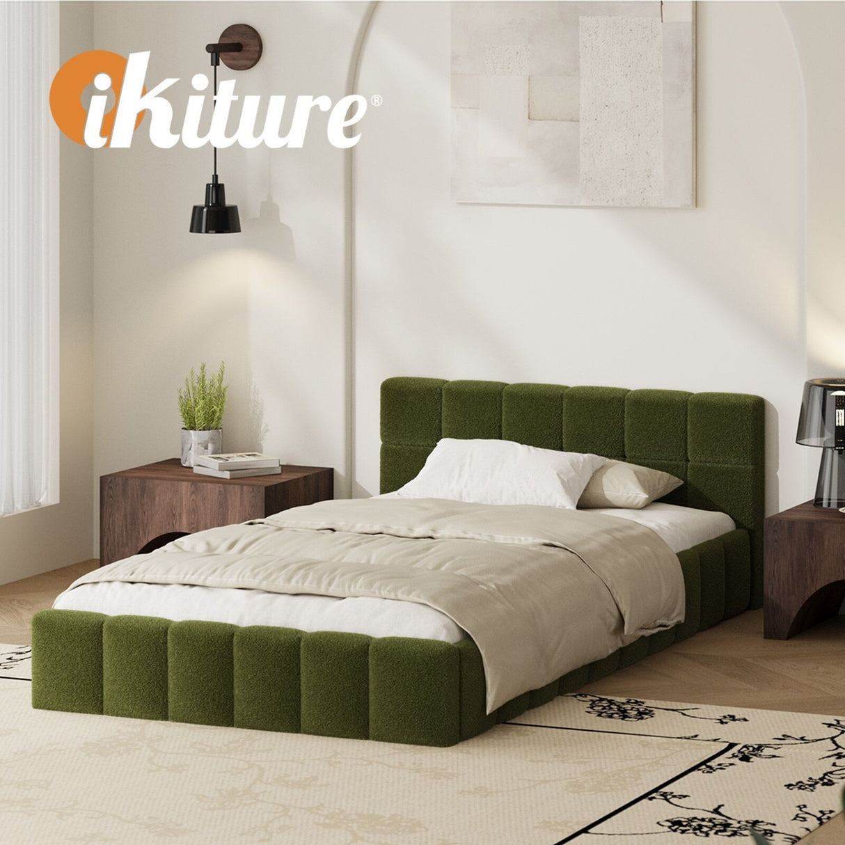 Botelia Green Boucle Low Profile Bed Frame| Luxurious Tufted  Premium Fabric Ground Bed