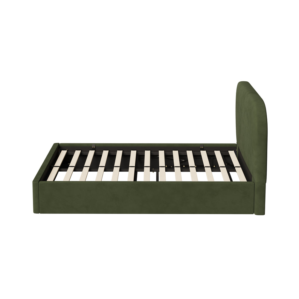 Green Cloud Marshmallow Velvet Touch Gas Lift Bed | Soft Padded Arched Fabric Storage Bed Frame