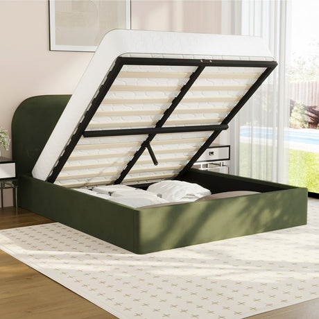 Green Cloud Marshmallow Velvet Touch Gas Lift Bed | Soft Padded Arched Fabric Storage Bed Frame