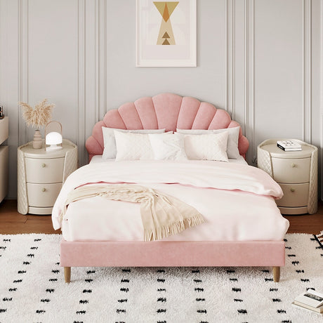 Princess Arial Pink Seashell Style Velvet Fabric Bed Frame | Kids Pink Soft Touch Fabric Bed