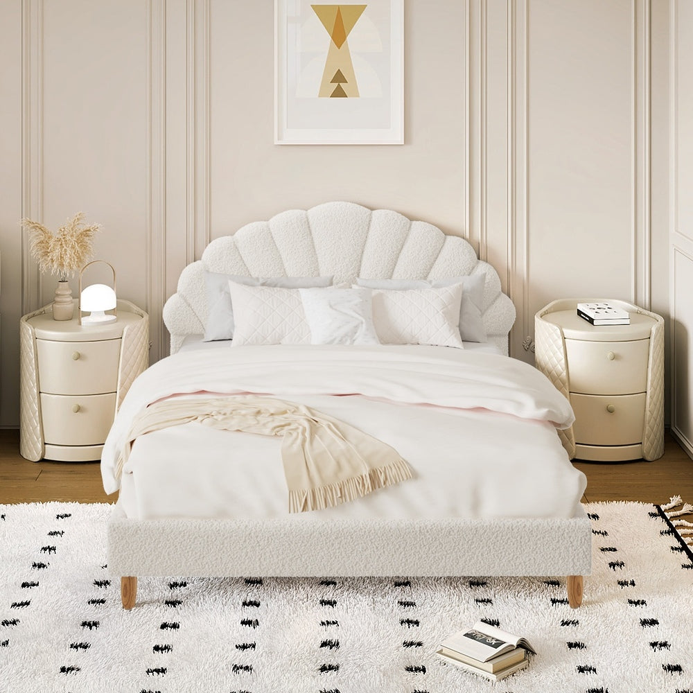 Princess Arial Boucle Fabric Seashell Style Bed Frame | Kids White Soft Touch Boucle Bed