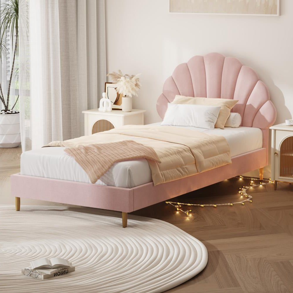 Princess Arial Pink Seashell Style Velvet Fabric Bed Frame