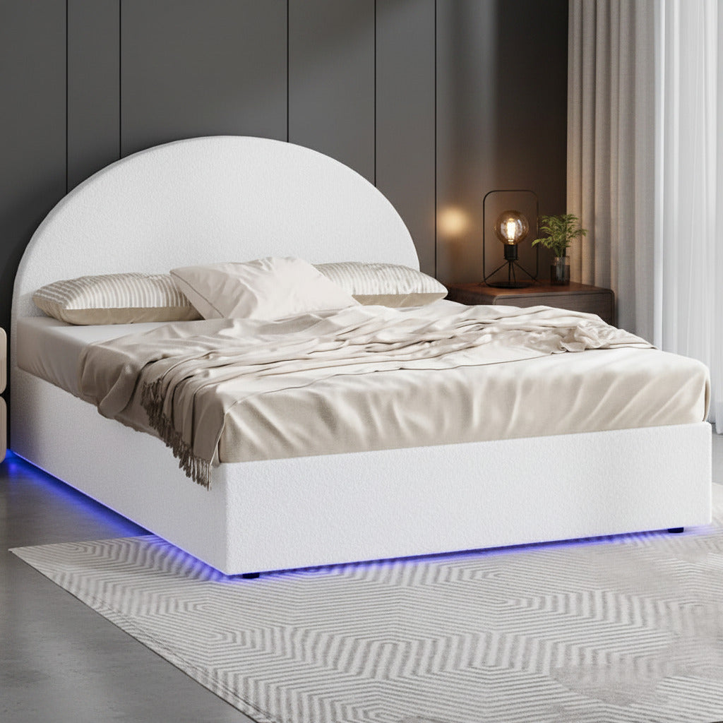 Luna LED White Boucle Gas Lift Storage Bed | Glow Soft Cushioned Arched Boucle Bed Frame