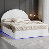 Luna LED White Boucle Gas Lift Storage Bed | Glow Soft Cushioned Arched Boucle Bed Frame