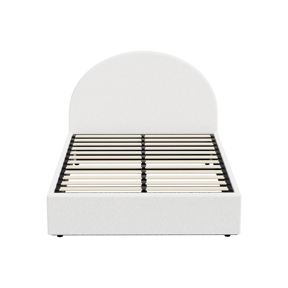 Luna LED White Boucle Gas Lift Storage Bed | Glow Soft Cushioned Arched Boucle Bed Frame