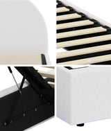 Luna LED White Boucle Gas Lift Storage Bed | Glow Soft Cushioned Arched Boucle Bed Frame