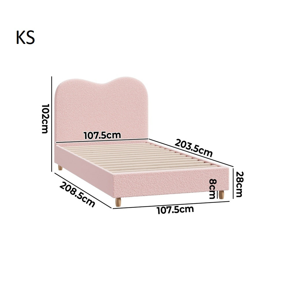 Teddy Plush Heart Pink Boucle Fabric Bed | Cloud Shape Cushioned Touch Upholstered Boucle Bed Frame