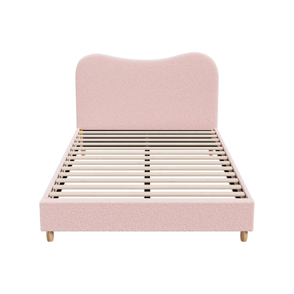 Teddy Plush Heart Pink Boucle Fabric Bed | Cloud Shape Cushioned Touch Upholstered Boucle Bed Frame