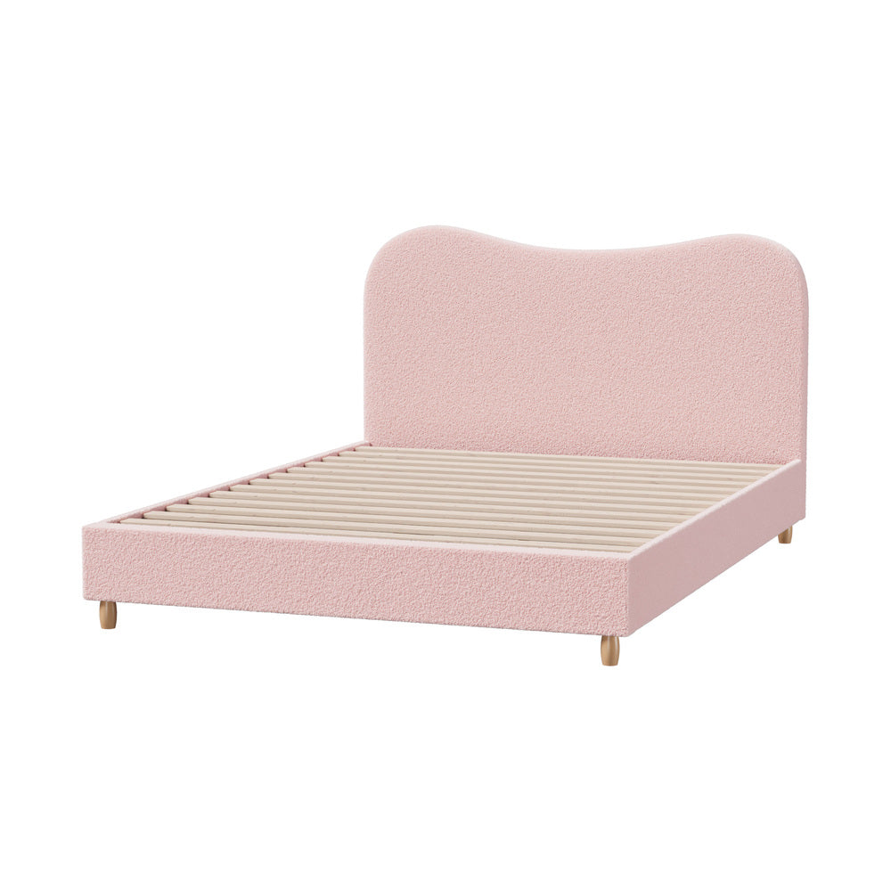 Teddy Plush Heart Pink Boucle Fabric Bed | Cloud Shape Cushioned Touch Upholstered Boucle Bed Frame