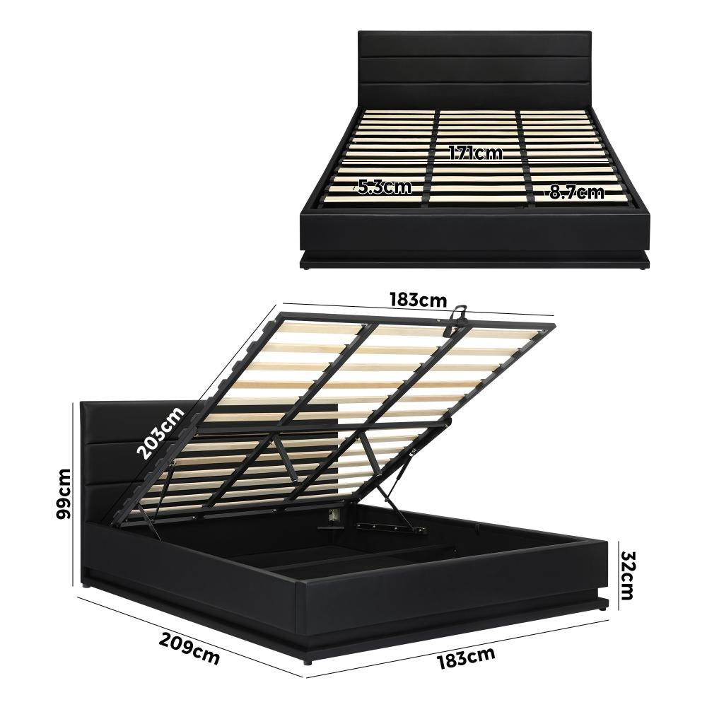 Carlo Supreme PU Leather LED Bed Frame | Black PU Leather Gas Lift Storage Bed