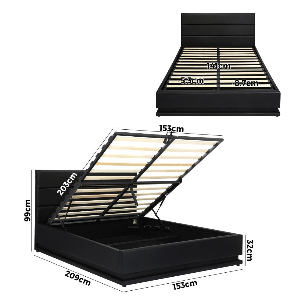 Carlo Supreme PU Leather LED Bed Frame | Black PU Leather Gas Lift Storage Bed