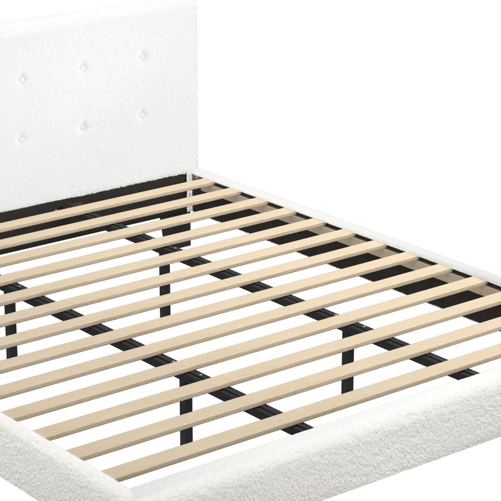 Teddy Luxe Soft Boucle Fabric Tuffted White Bed | Cushioned White Upholstered Tuffted Design Boucle Bed Frame