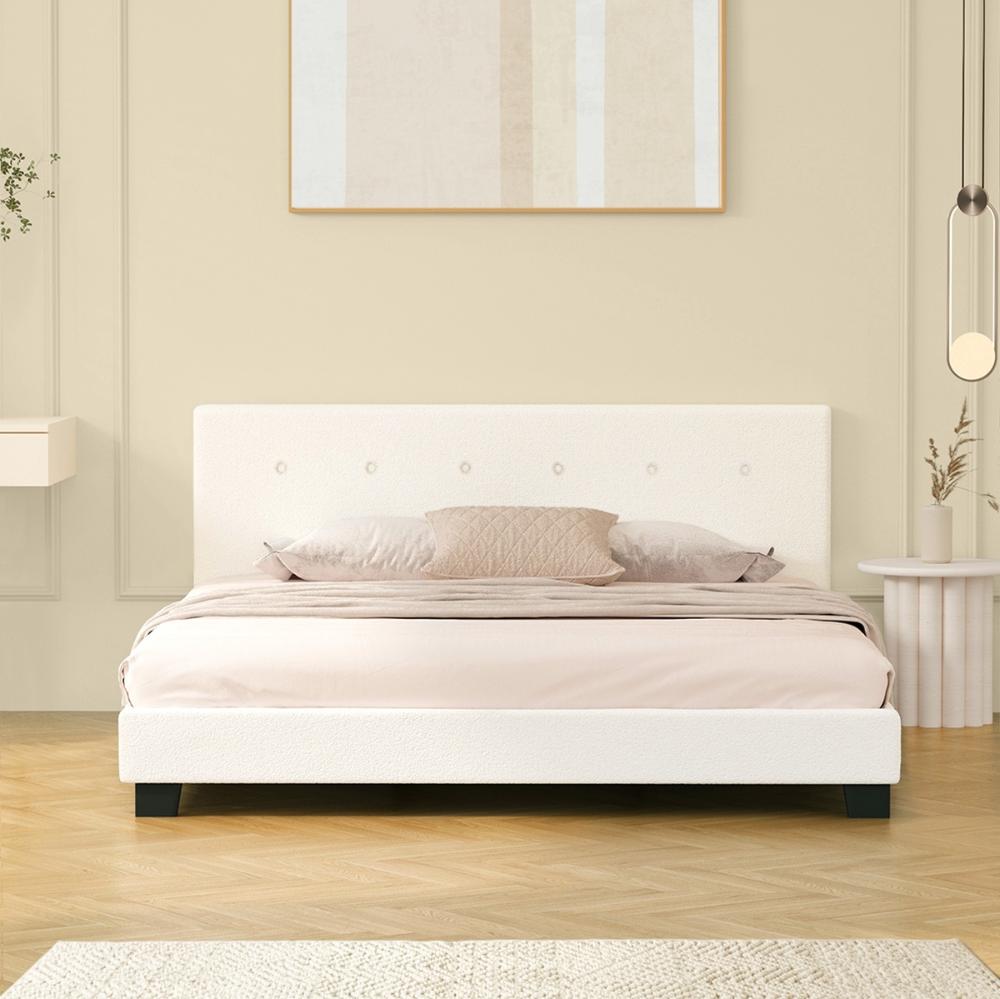 Teddy Luxe Soft Boucle Fabric Tuffted White Bed | Cushioned White Upholstered Tuffted Design Boucle Bed Frame