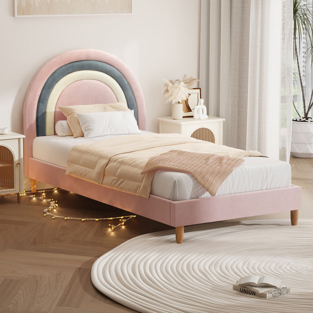 Rainbow Unicorn Style Velvet Bed Frame | Single Size Kids Pink Soft Velvet Fabric Bed