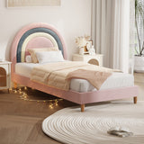 Rainbow Unicorn Style Velvet Bed Frame | Single Size Kids Pink Soft Velvet Fabric Bed