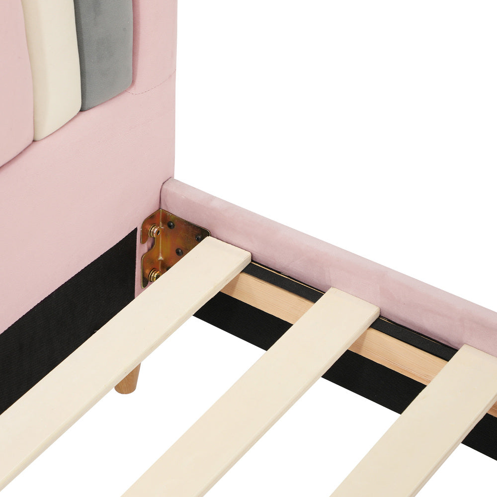 Rainbow Unicorn Style Velvet Bed Frame | Single Size Kids Pink Soft Velvet Fabric Bed
