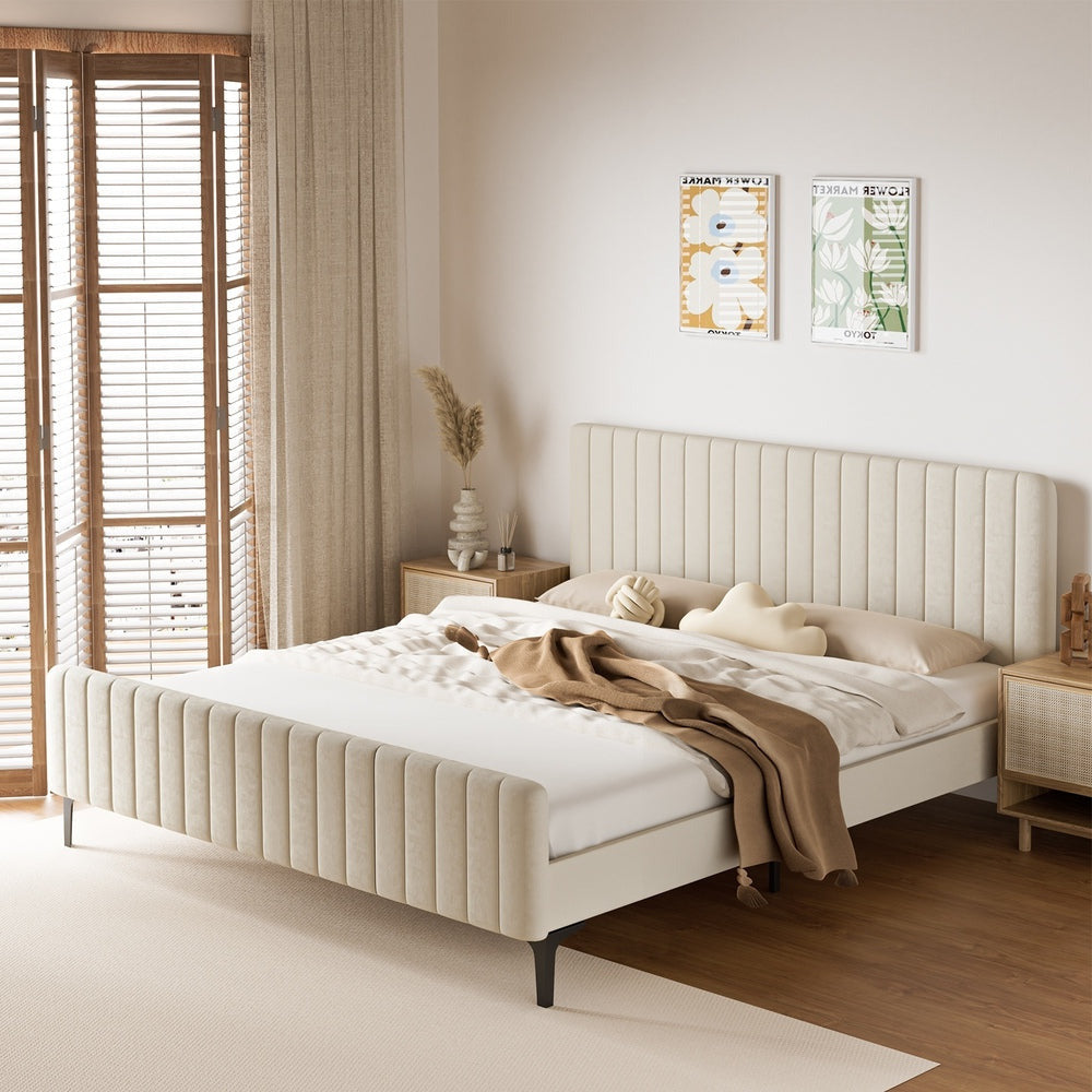 Luxore Velvet Touch Venezia Bed Frame | Modern Premium Soft Plush Beige Velvet Bed