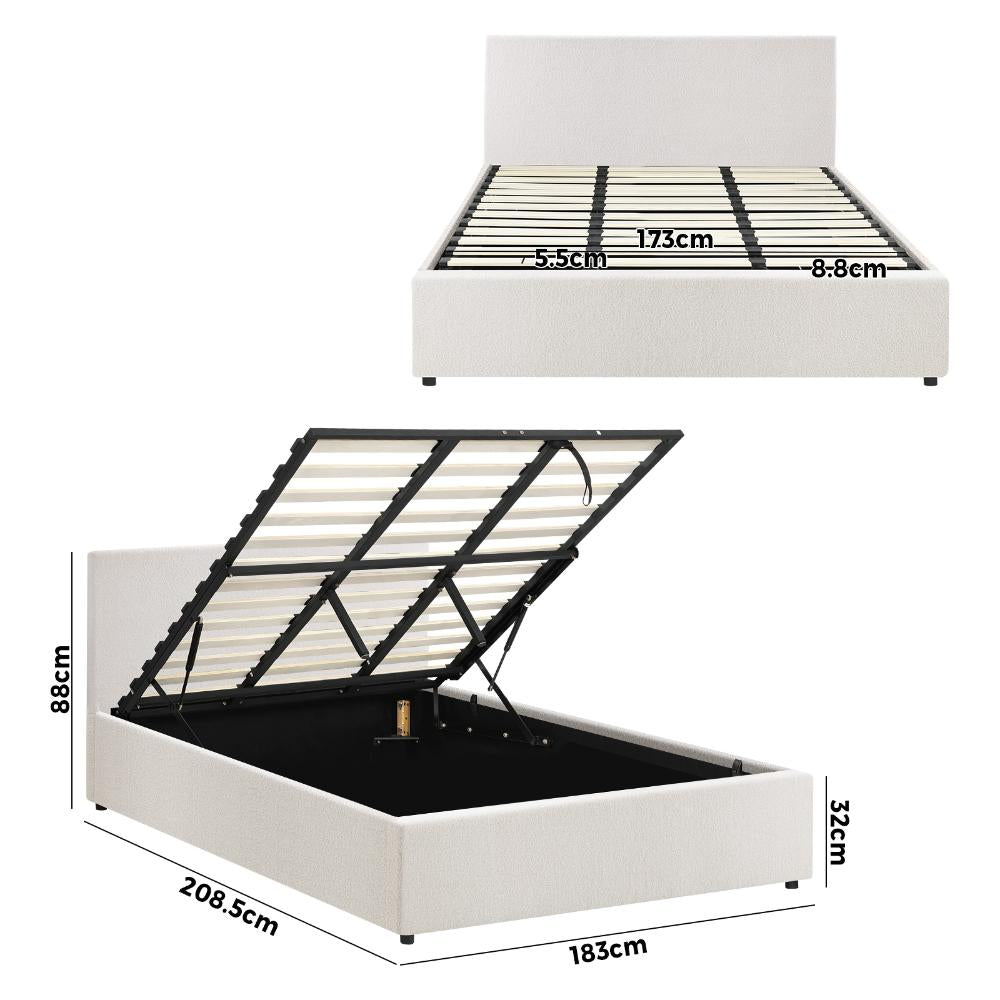 Premium Milano White Boucle Fabric Gas Lift Storage Bed | Two In One Bed and Storage Combo