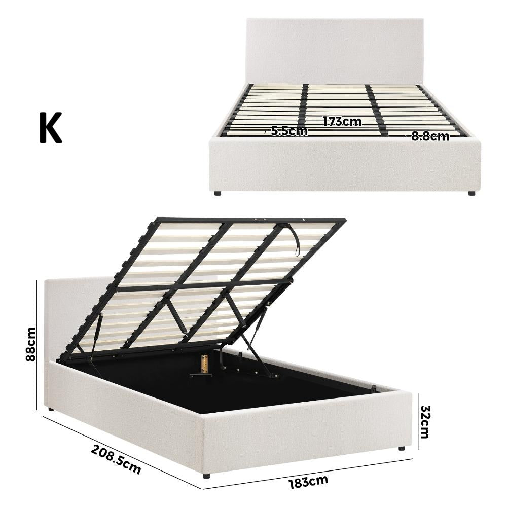 Premium Milano White Boucle Fabric Gas Lift Storage Bed | Two In One Bed and Storage Combo