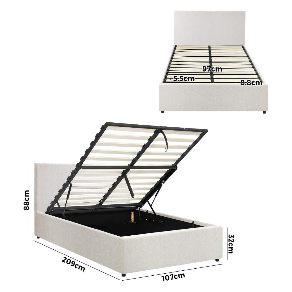 Premium Milano White Boucle Fabric Gas Lift Storage Bed | Two In One Bed and Storage Combo