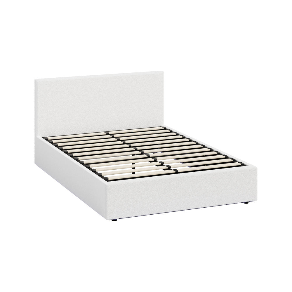 Premium Milano LED White Boucle Fabric Gas Lift Storage Bed | Glow Cushioned Two In One Bed and Storage Combo