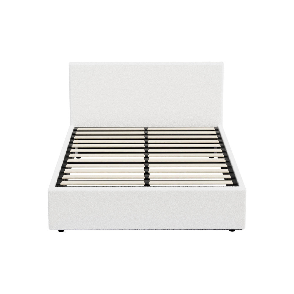 Premium Milano LED White Boucle Fabric Gas Lift Storage Bed | Glow Cushioned Two In One Bed and Storage Combo