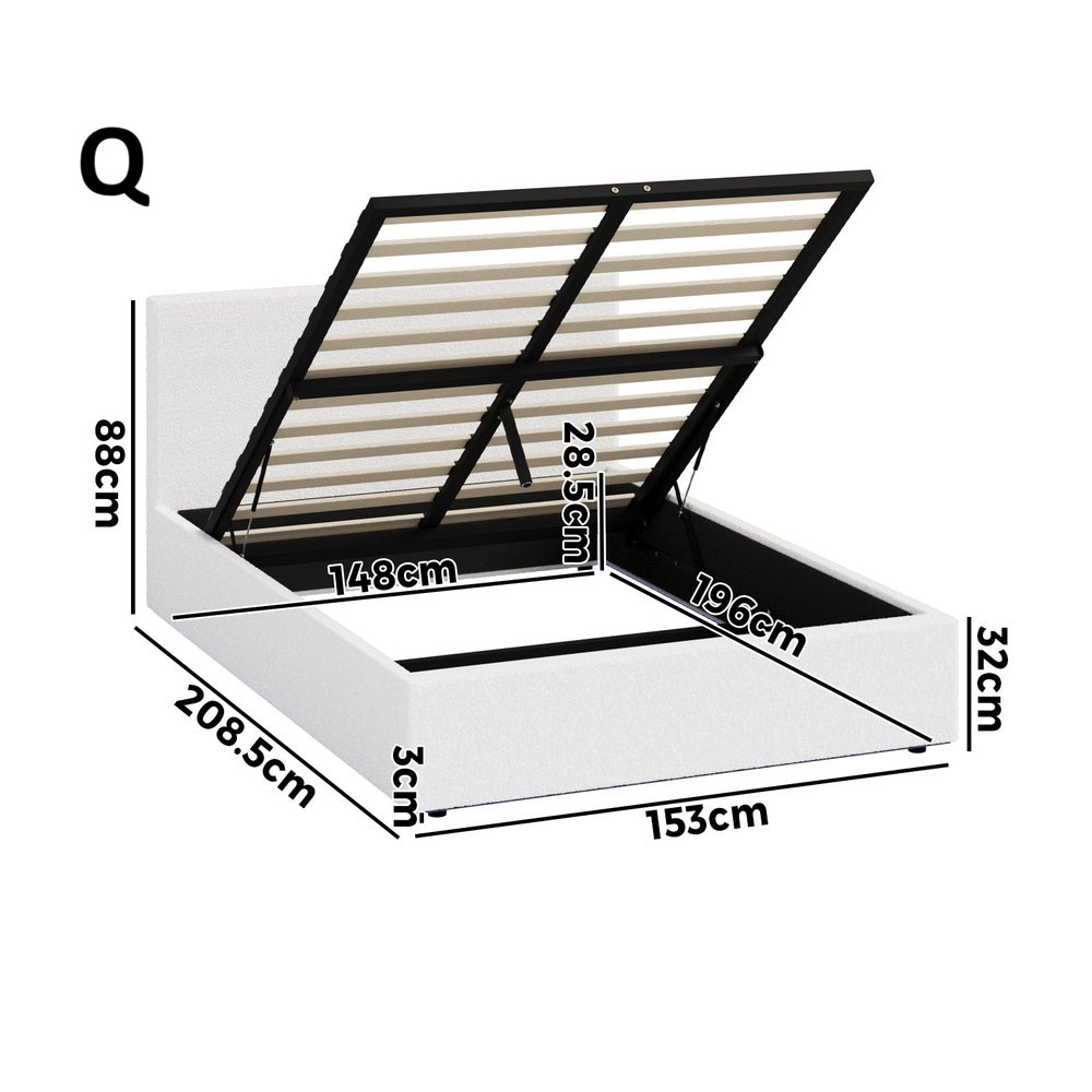 Premium Milano LED White Boucle Fabric Gas Lift Storage Bed | Glow Cushioned Two In One Bed and Storage Combo