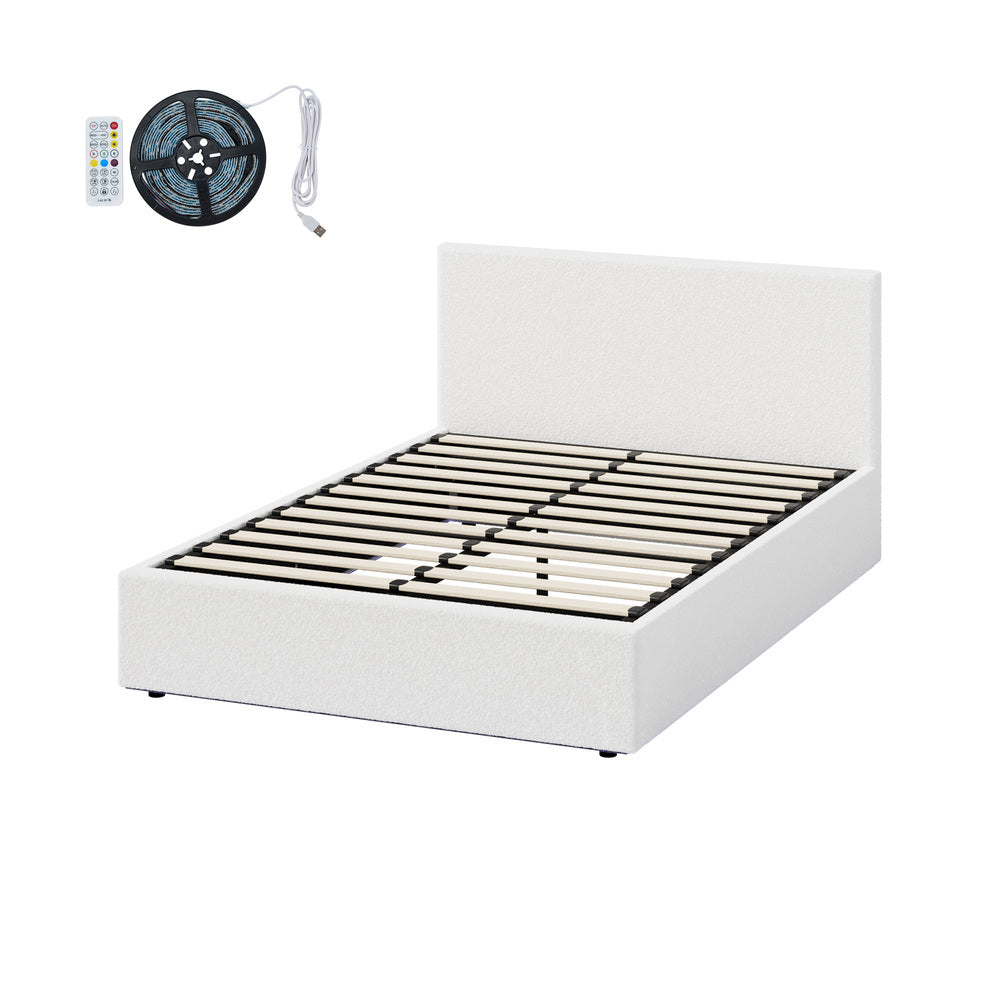 Premium Milano LED White Boucle Fabric Gas Lift Storage Bed | Glow Cushioned Two In One Bed and Storage Combo