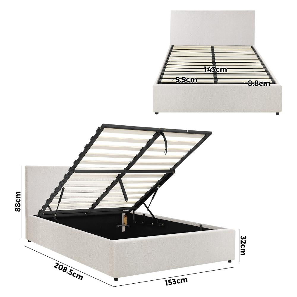 Premium Milano White Boucle Fabric Gas Lift Storage Bed | Two In One Bed and Storage Combo