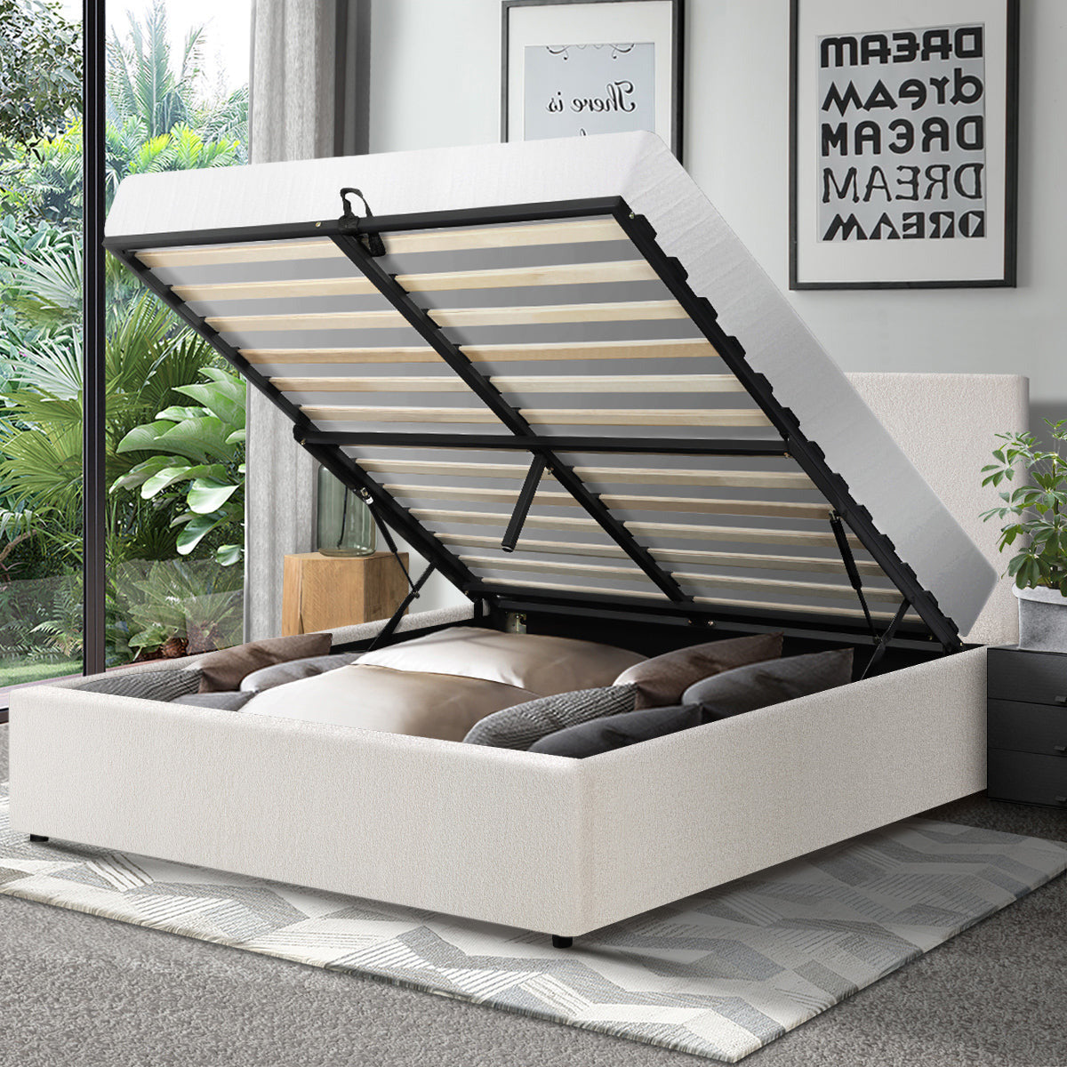 Premium Milano White Boucle Fabric Gas Lift Storage Bed | Two In One Bed and Storage Combo