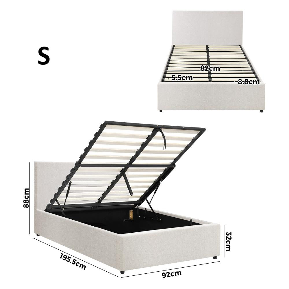 Premium Milano White Boucle Fabric Gas Lift Storage Bed | Two In One Bed and Storage Combo