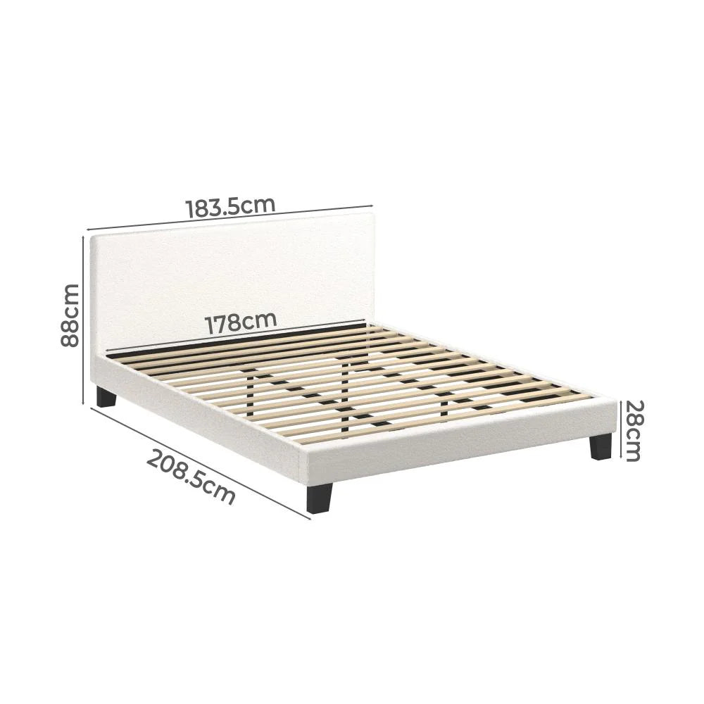 Teddy Soft Boucle Fabric White Bed | Modern Cushioned Touch White Upholstered Boucle Bed Frame