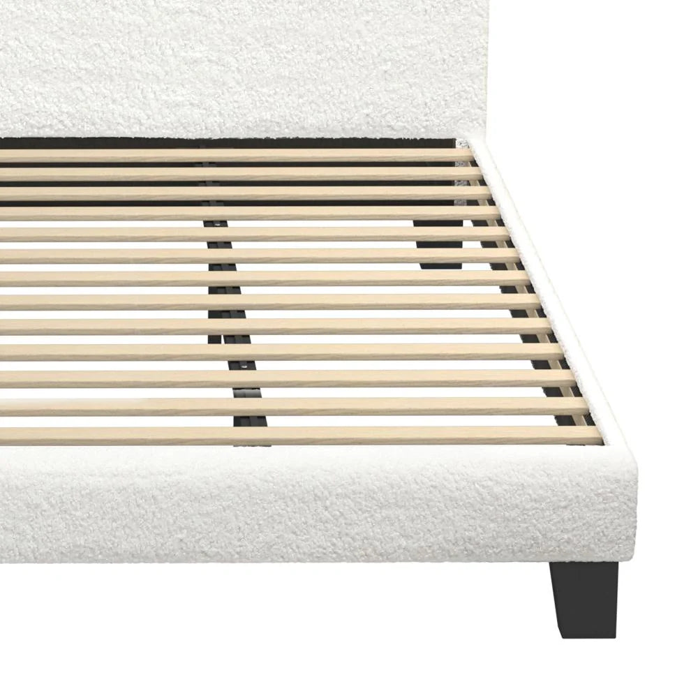 Teddy Soft Boucle Fabric White Bed | Modern Cushioned Touch White Upholstered Boucle Bed Frame