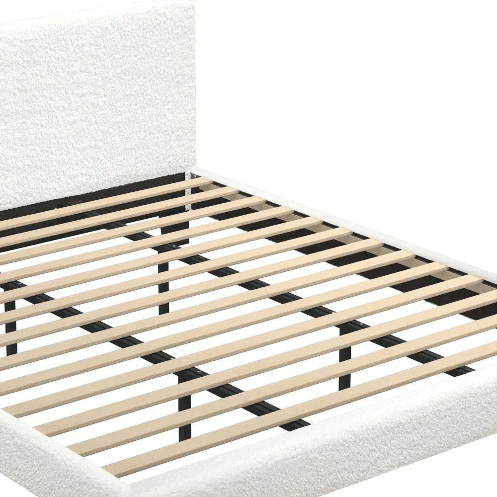 Teddy Soft Boucle Fabric White Bed | Modern Cushioned Touch White Upholstered Boucle Bed Frame