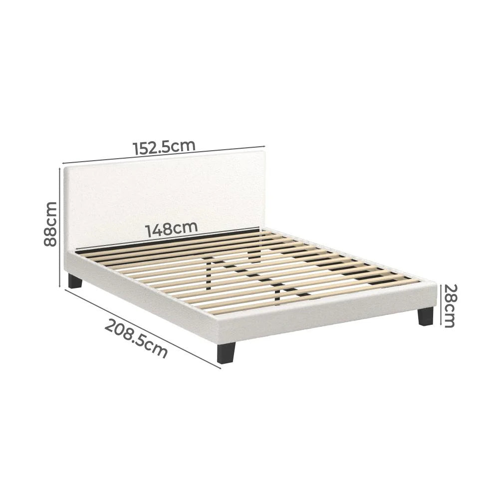 Teddy Soft Boucle Fabric White Bed | Modern Cushioned Touch White Upholstered Boucle Bed Frame