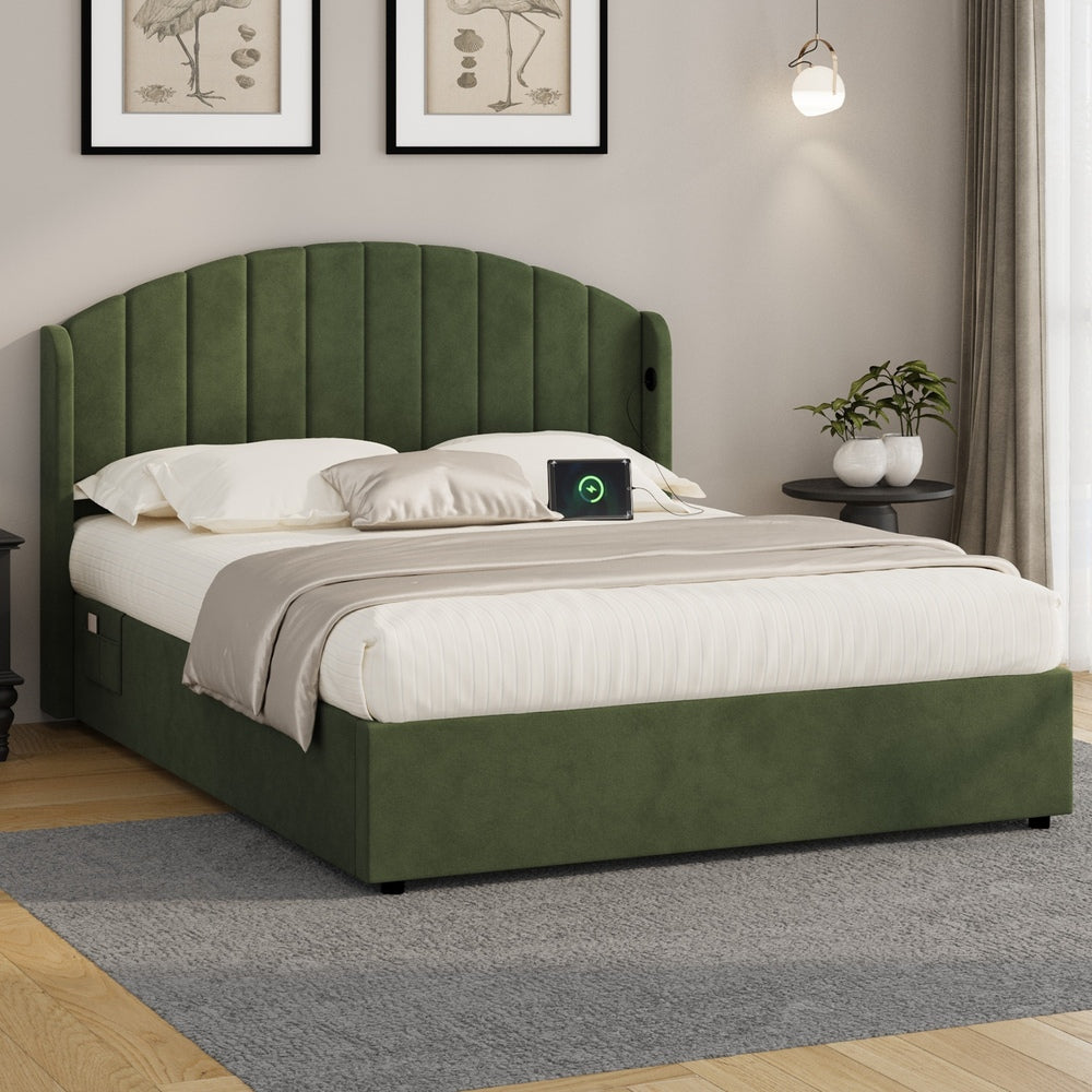 Allure Premium Soft Velvet Green Gas Lift Storage Bed | Bed and Storage Combo with USB Charging Built In