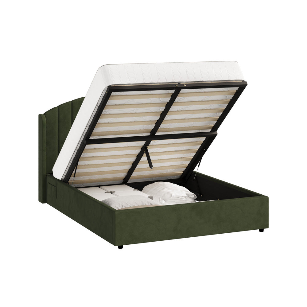 Allure Premium Soft Velvet Green Gas Lift Storage Bed | Bed and Storage Combo with USB Charging Built In