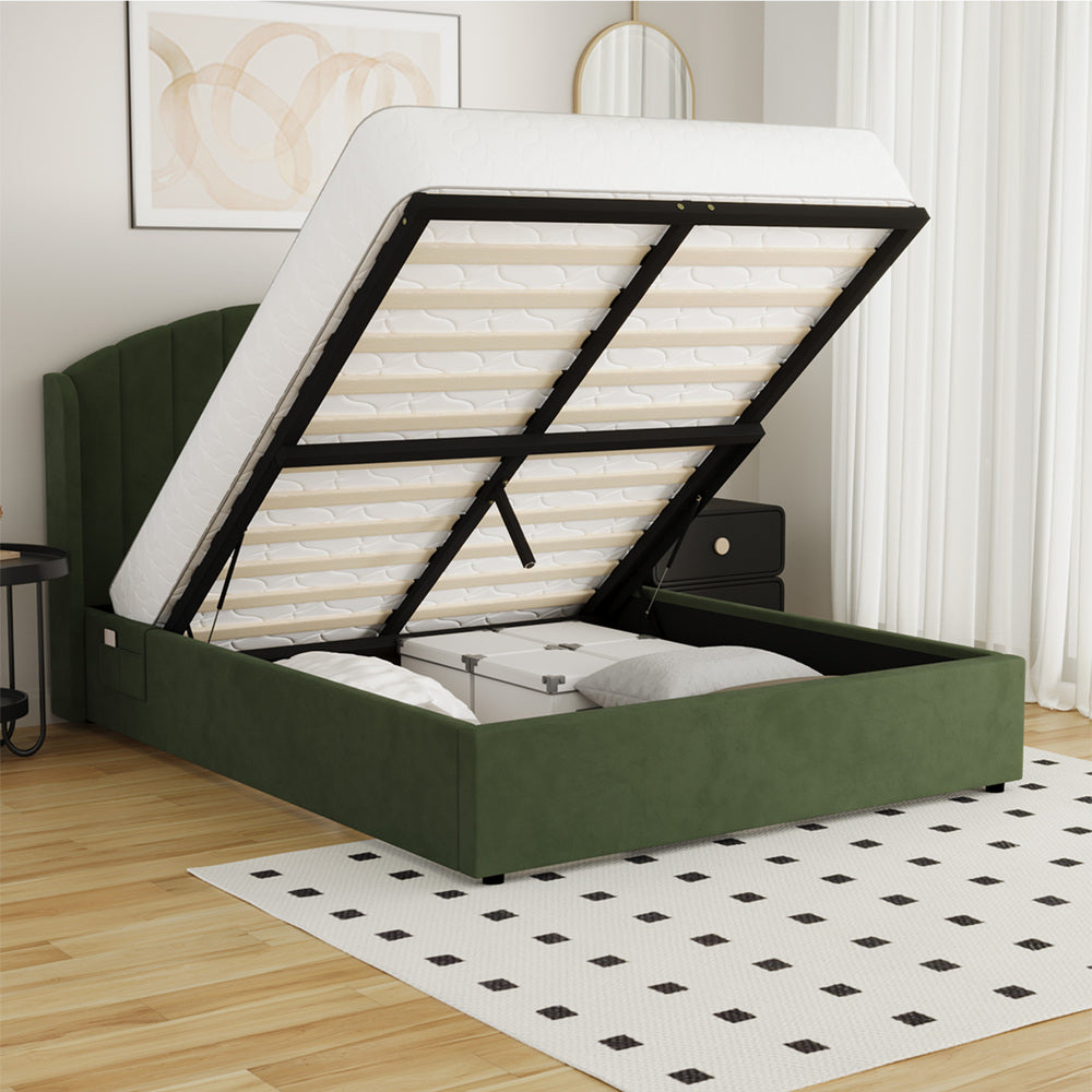 Allure Premium Soft Velvet Green Gas Lift Storage Bed | Bed and Storage Combo with USB Charging Built In