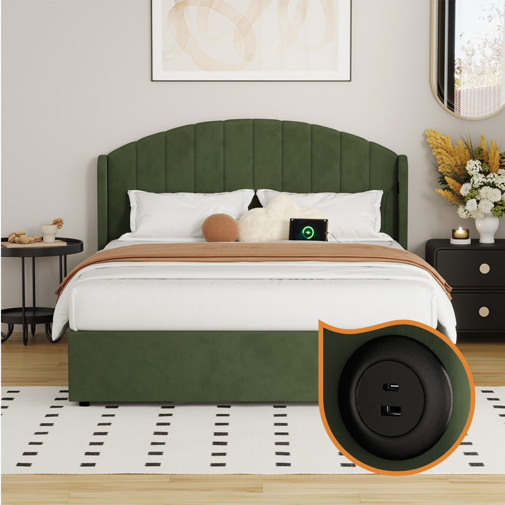 Allure Premium Soft Velvet Green Gas Lift Storage Bed | Bed and Storage Combo with USB Charging Built In