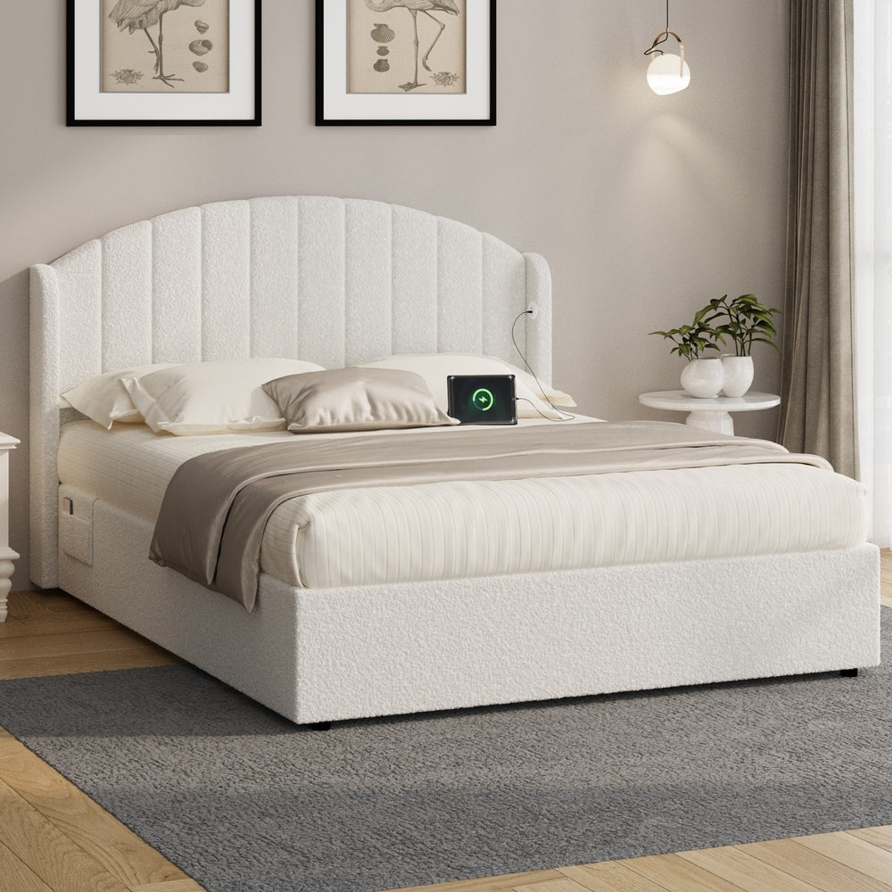 Allure Teddy Boucle Premium Gas Lift Storage Bed |White Bed and Storage Combo with USB Charging Built In