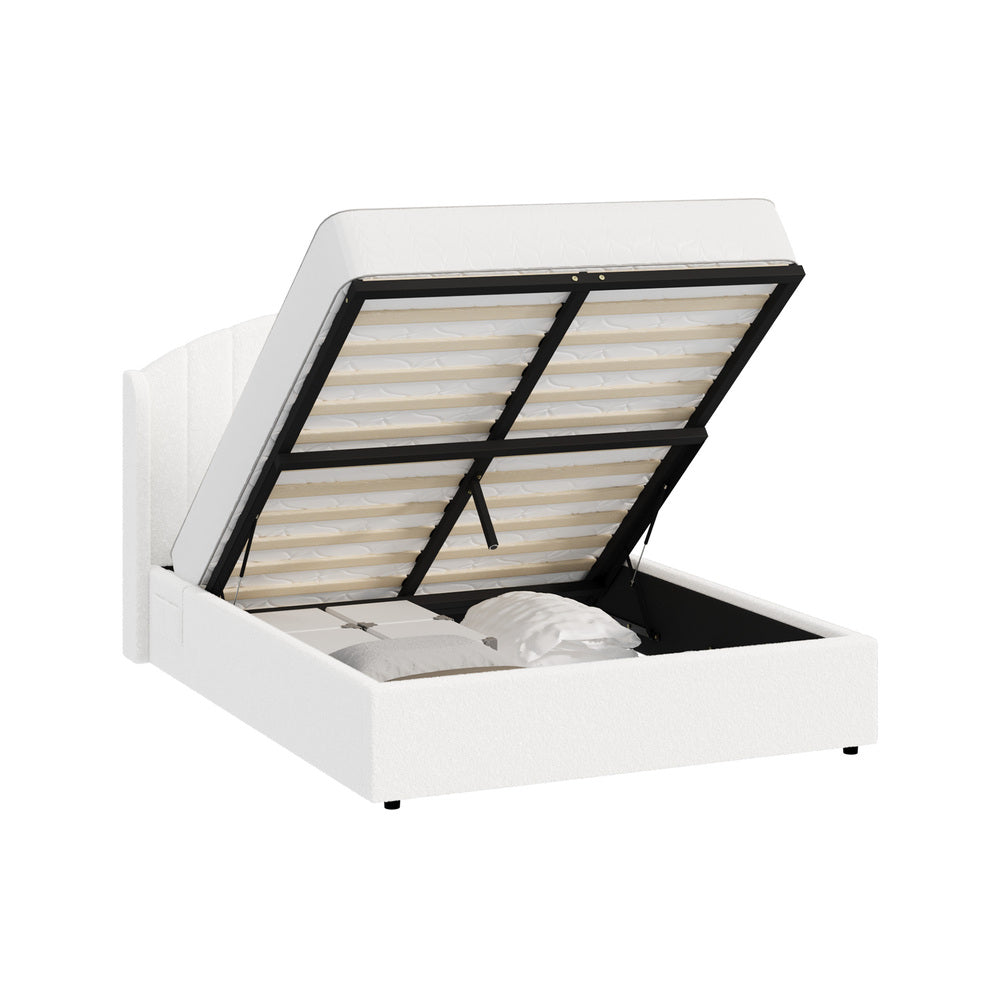 Allure Teddy Boucle Premium Gas Lift Storage Bed |White Bed and Storage Combo with USB Charging Built In