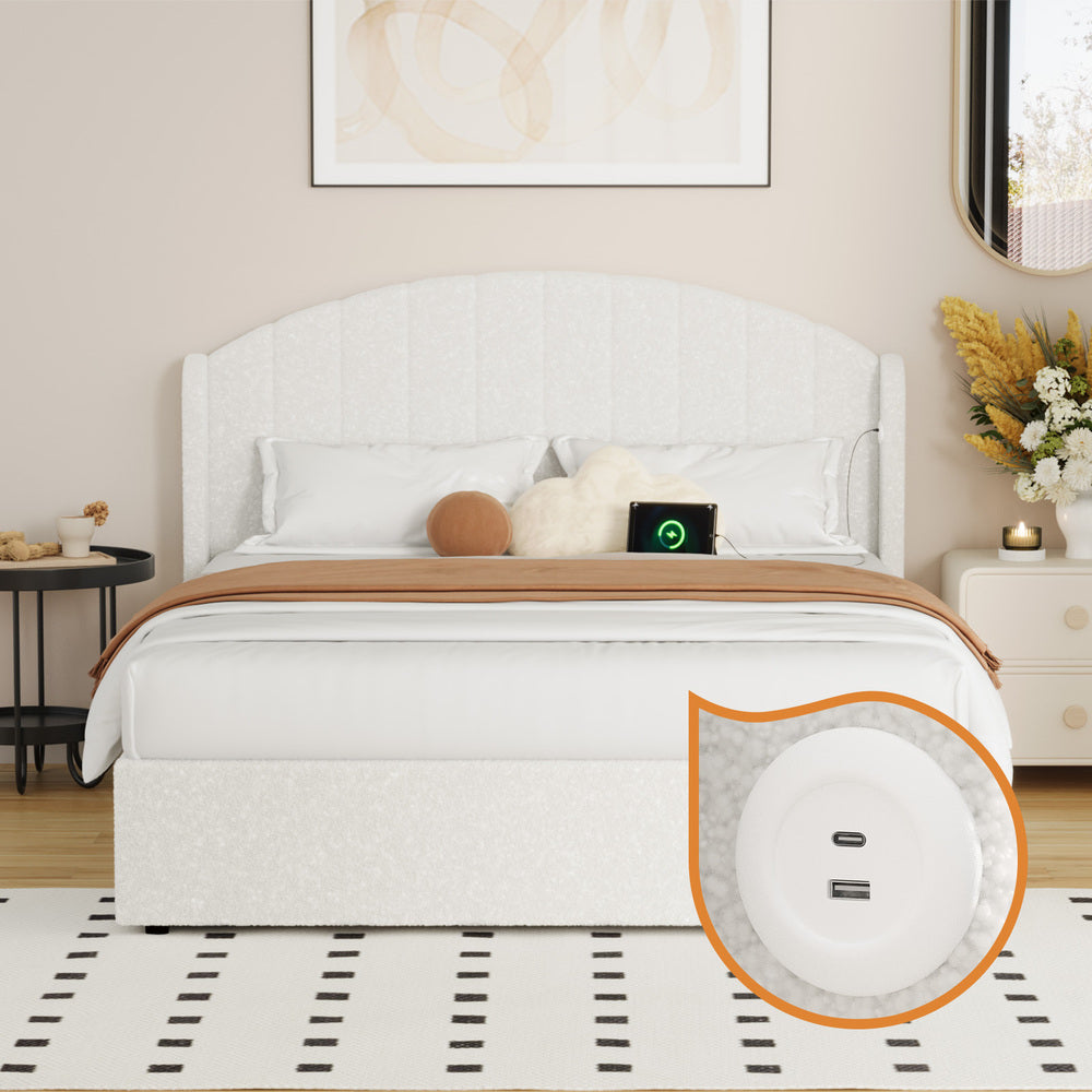 Allure Teddy Boucle Premium Gas Lift Storage Bed |White Bed and Storage Combo with USB Charging Built In