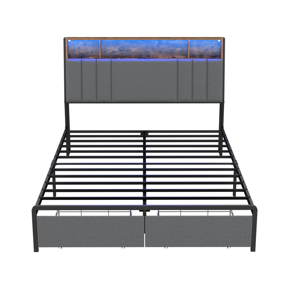 Coogee LED Storage Bed with USB Charging | Premium Grey Fabric LED Lights Bed Metal Frame Front Draws