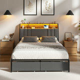 Coogee LED Storage Bed with USB Charging | Premium Grey Fabric LED Lights Bed Metal Frame Front Draws