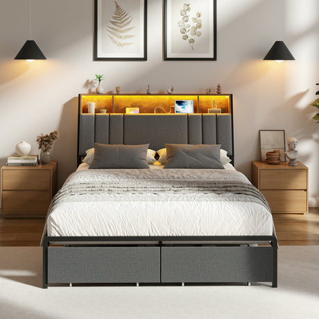Coogee LED Storage Bed with USB Charging | Premium Grey Fabric LED Lights Bed Metal Frame Front Draws