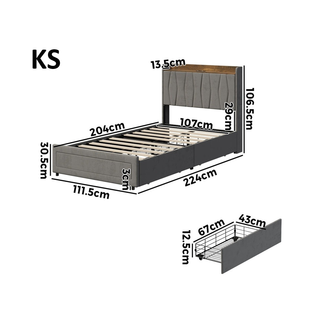 Hudson Grey Velvet Storage Bed with USB Charging | Soft Fabric LED Lights Bed Frame with 4 Draws