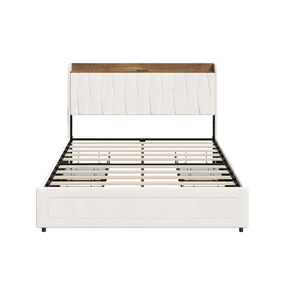 Hudson Beige Velvet Storage Bed with USB Charging | Soft Fabric LED Lights Bed Frame with 4 Draws